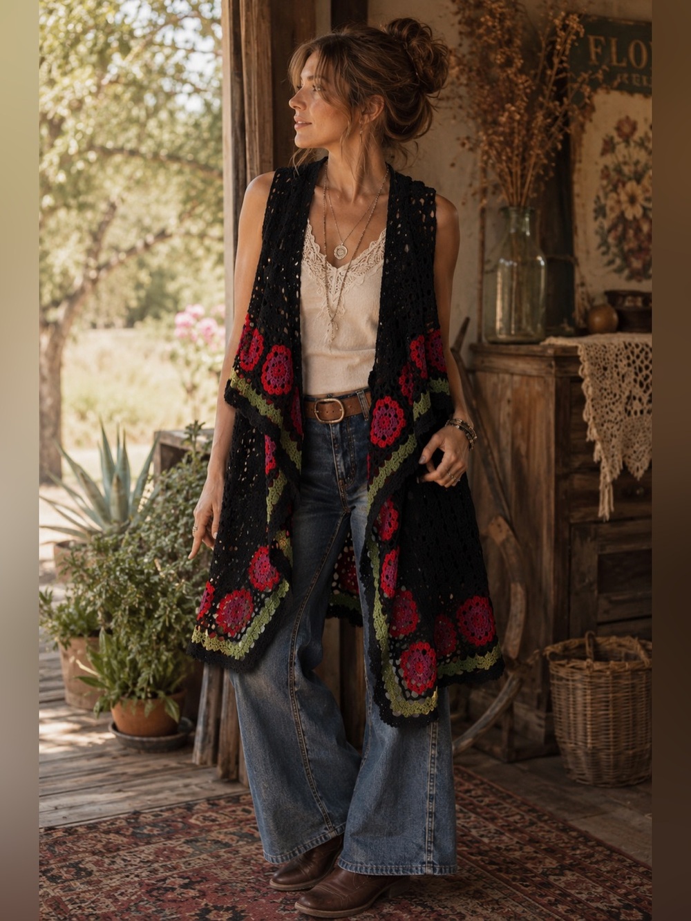 NWT Hazel Black Crochet Vest with Floral Accents, granny square, sm